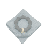 Anneau de dentition gris et son lange bleu clair